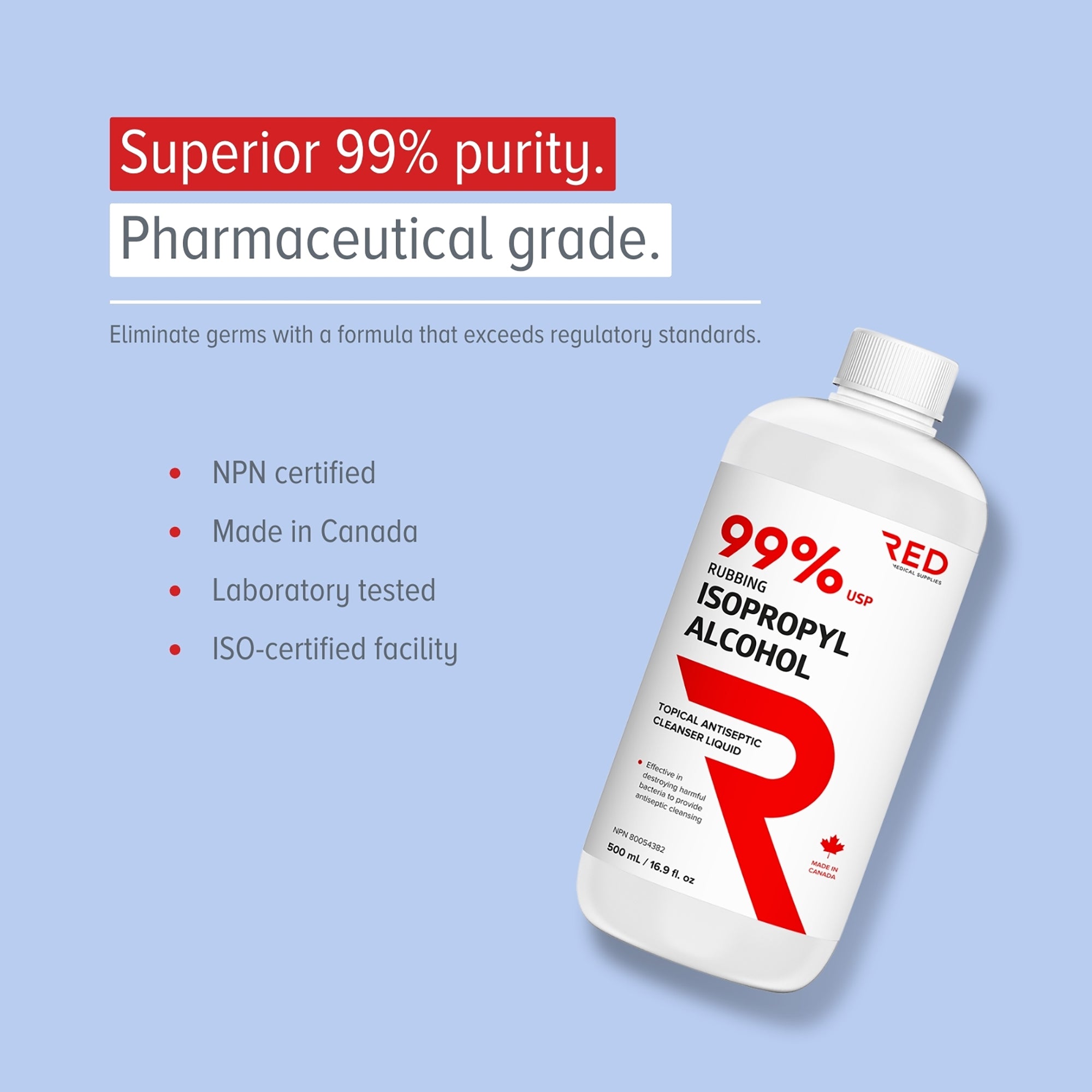 Isopropyl Rubbing Alcohol 99%, 12 x 500 mL - Pharmaceutical Grade - RED Medical Supplies | Advanced Care Supplies