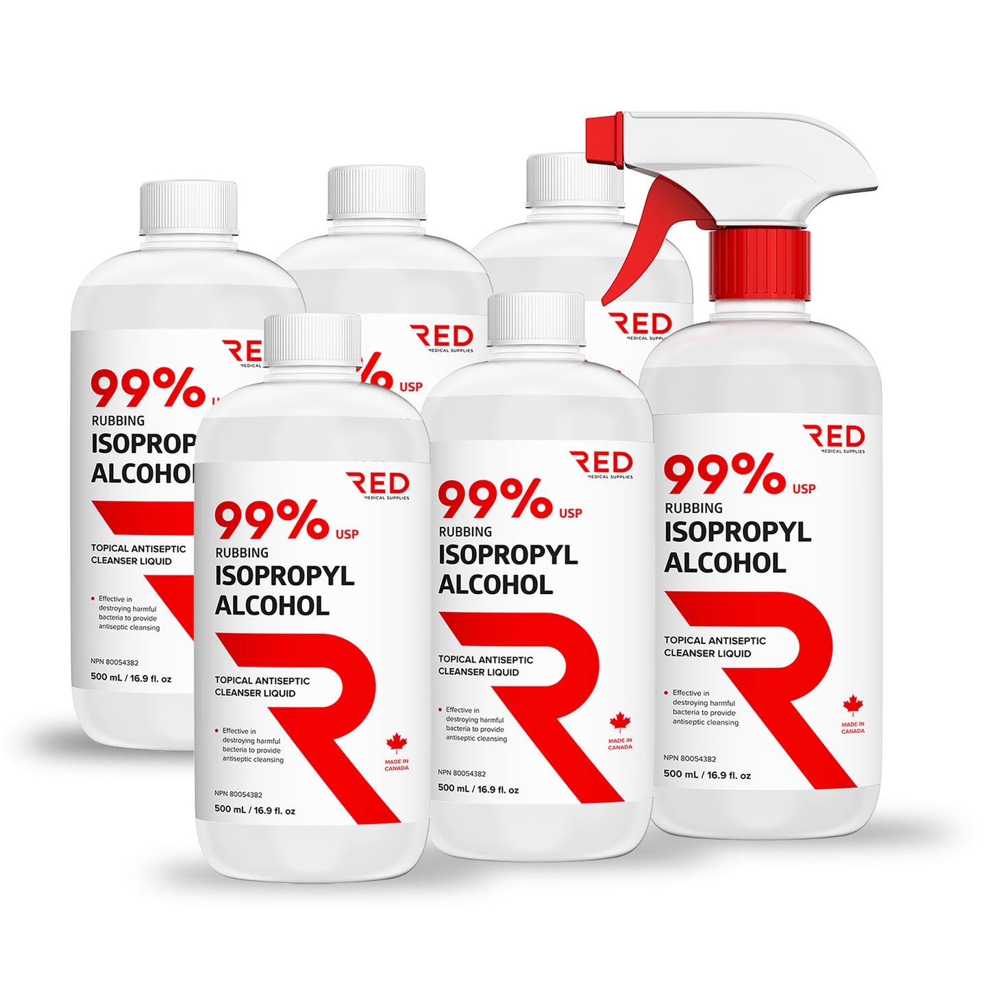 Six bottles of 99 percent isopropyl rubbing alcohol 500 mL with spray trigger