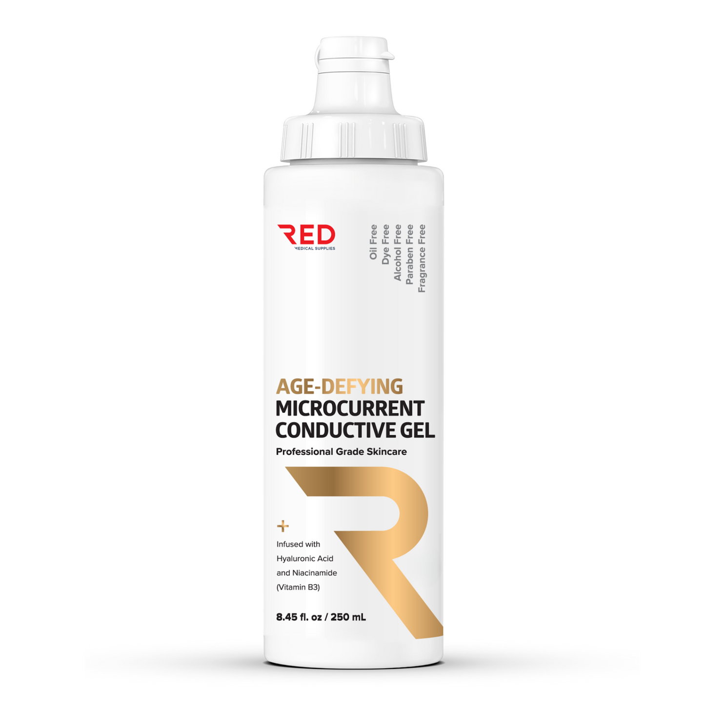 Bottle of AGE-DEFYING MICROCURRENT CONDUCTIVE GEL on a white background