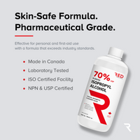 70 percent isopropyl alcohol pharmaceutical grade graphic showing skin safe formula and certifications