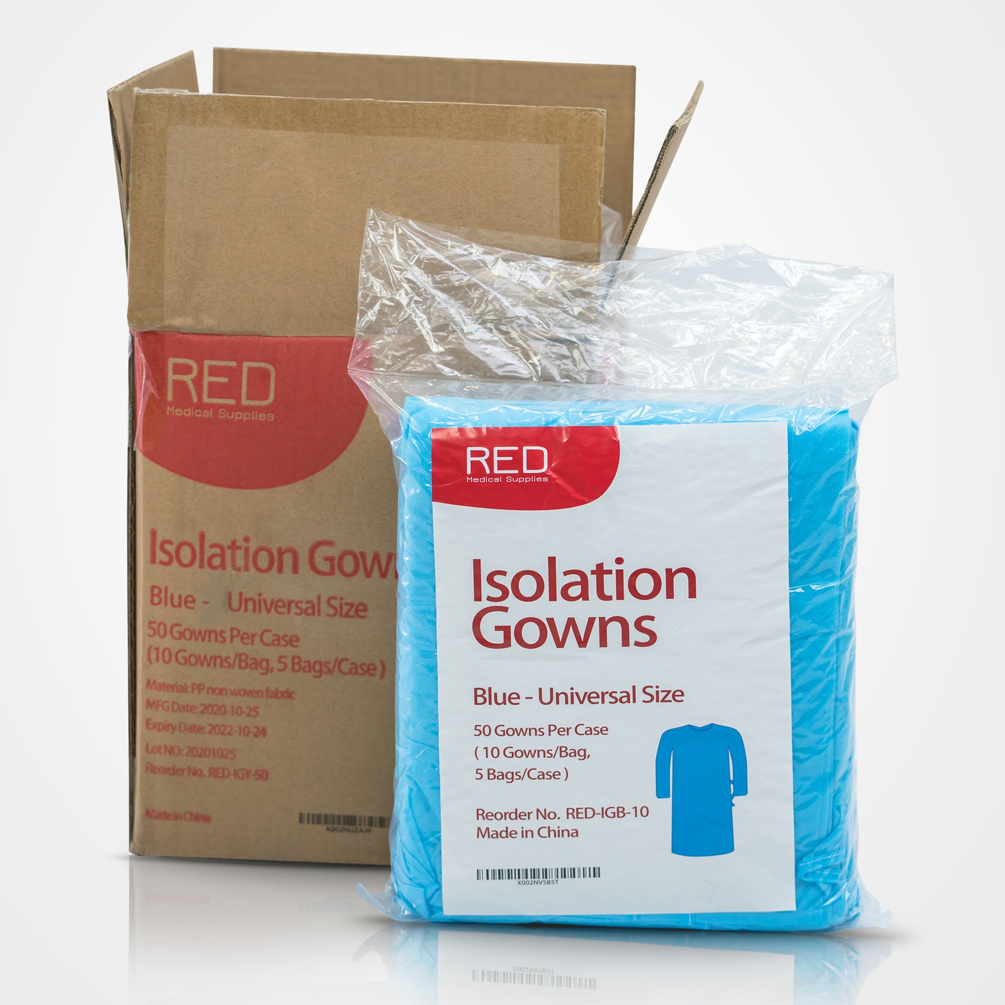 Isolation Gowns Blue - Overhead Style, Fluid Resistant, Elastic Cuff by RED Medical - RED Medical Supplies | Advanced Care Supplies 